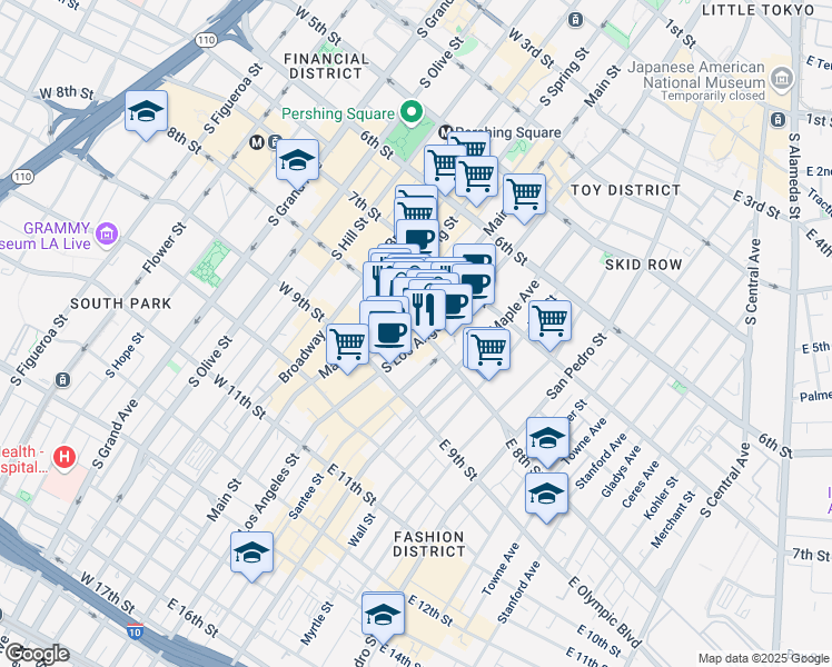 map of restaurants, bars, coffee shops, grocery stores, and more near 113 East 8th Street in Los Angeles
