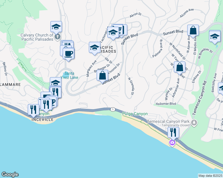 map of restaurants, bars, coffee shops, grocery stores, and more near 232 Aderno Way in Los Angeles