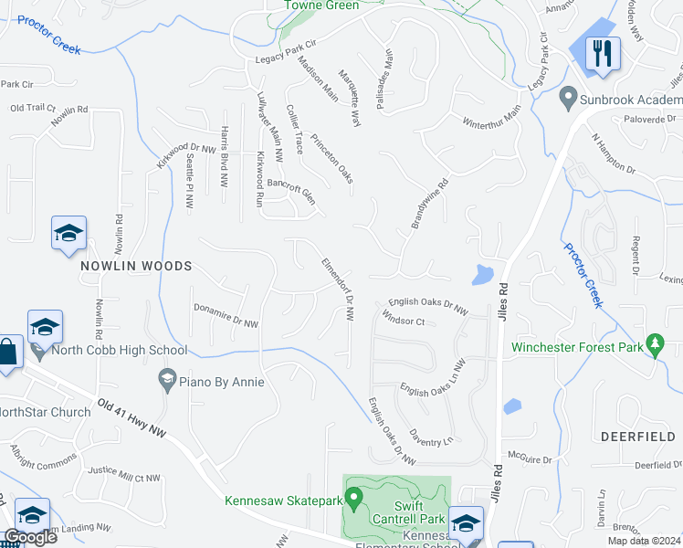 map of restaurants, bars, coffee shops, grocery stores, and more near 3164 Elmendorf Drive Northwest in Kennesaw