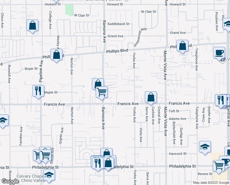 map of restaurants, bars, coffee shops, grocery stores, and more near 11620 Sherwood Place in San Bernardino County
