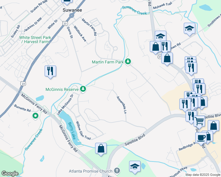 map of restaurants, bars, coffee shops, grocery stores, and more near 3530 Country Estates Drive in Suwanee