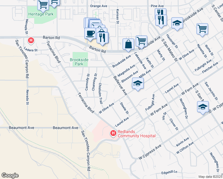 map of restaurants, bars, coffee shops, grocery stores, and more near 1522 Blossom Court in Redlands