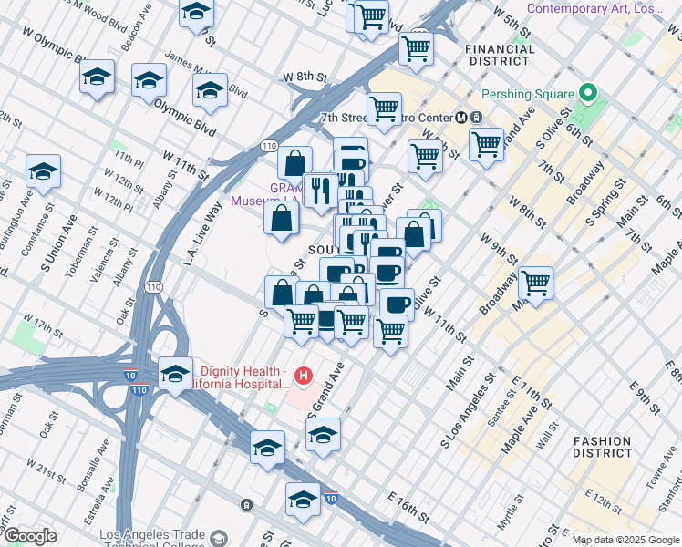 map of restaurants, bars, coffee shops, grocery stores, and more near 1130 Flower Street in Los Angeles