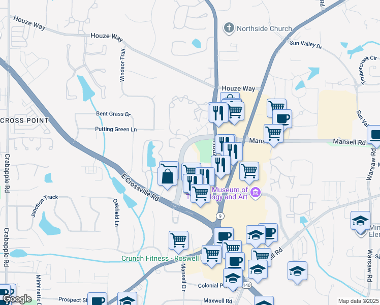 map of restaurants, bars, coffee shops, grocery stores, and more near 655 Mansell Road in Roswell