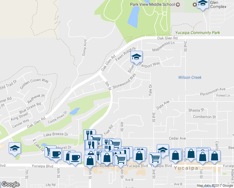 map of restaurants, bars, coffee shops, grocery stores, and more near 34469 Princeton Drive in Yucaipa
