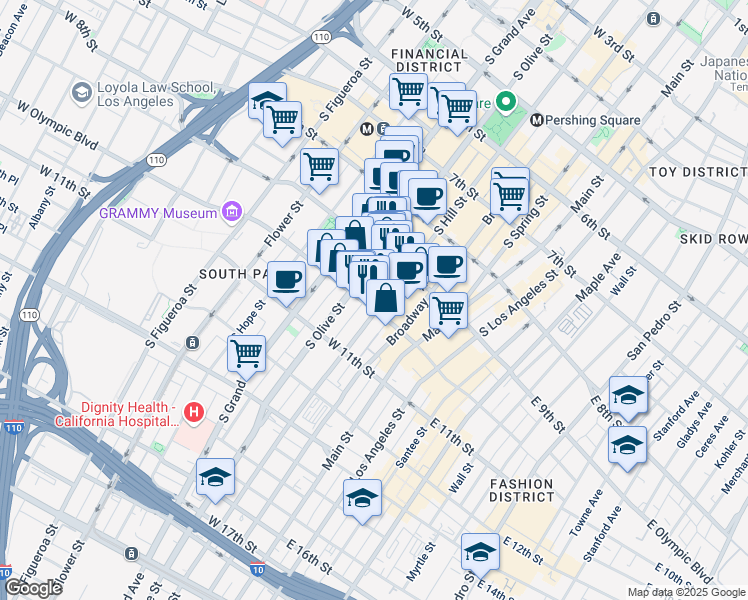 map of restaurants, bars, coffee shops, grocery stores, and more near 949 South Hill Street in Los Angeles