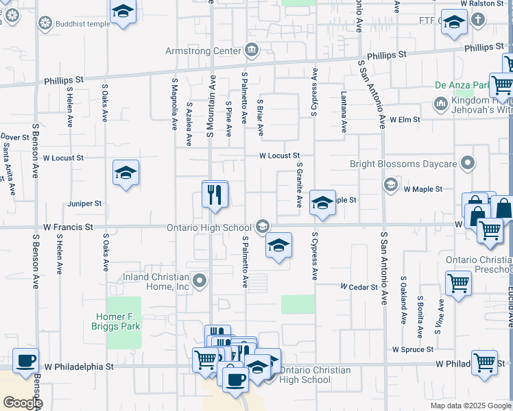map of restaurants, bars, coffee shops, grocery stores, and more near 1728 South Briar Avenue in Ontario