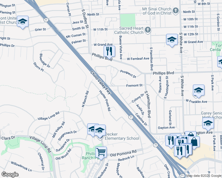 map of restaurants, bars, coffee shops, grocery stores, and more near 1337 Clovis Court in Pomona