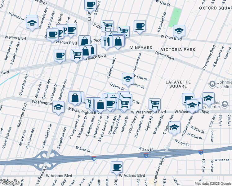 map of restaurants, bars, coffee shops, grocery stores, and more near 2 West 18th Street in Los Angeles