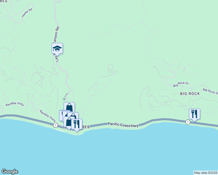 map of restaurants, bars, coffee shops, grocery stores, and more near 20654 Eagle Pass Drive in Malibu