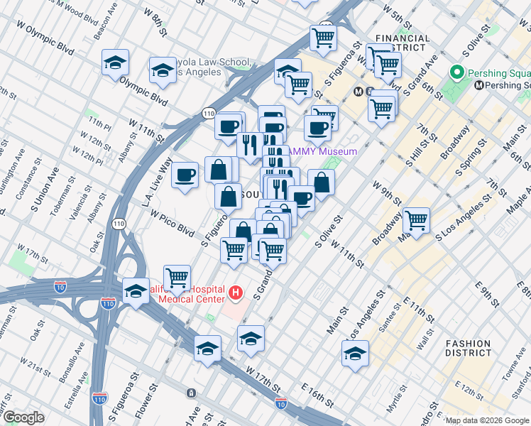 map of restaurants, bars, coffee shops, grocery stores, and more near 1130 Flower Street in Los Angeles