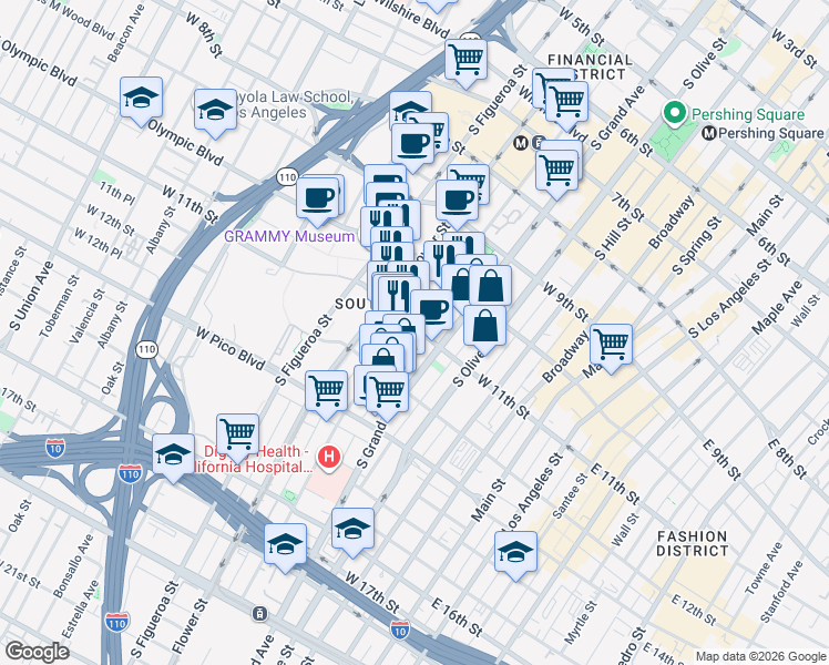 map of restaurants, bars, coffee shops, grocery stores, and more near 1100 South Hope Street in Los Angeles