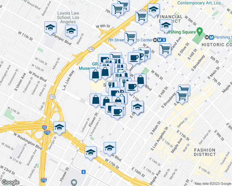 map of restaurants, bars, coffee shops, grocery stores, and more near 1100 Flower Street in Los Angeles