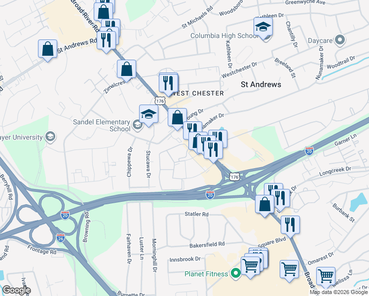 map of restaurants, bars, coffee shops, grocery stores, and more near 2605 Seminole Road in Columbia