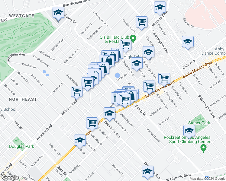 map of restaurants, bars, coffee shops, grocery stores, and more near 1316 Amherst Avenue in Los Angeles