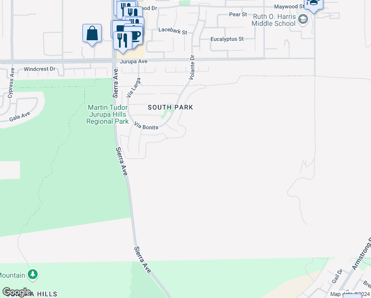 map of restaurants, bars, coffee shops, grocery stores, and more near Vía Sombra in Fontana