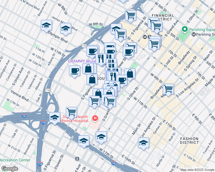 map of restaurants, bars, coffee shops, grocery stores, and more near 1100 Flower Street in Los Angeles