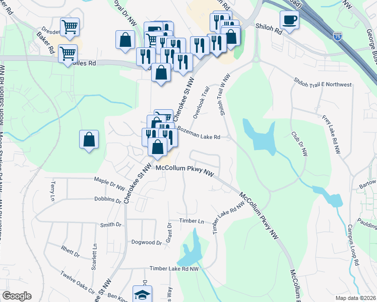 map of restaurants, bars, coffee shops, grocery stores, and more near 4090 Sand Wedge Circle in Kennesaw