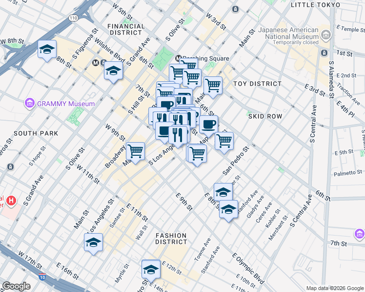 map of restaurants, bars, coffee shops, grocery stores, and more near 746 South Los Angeles Street in Los Angeles