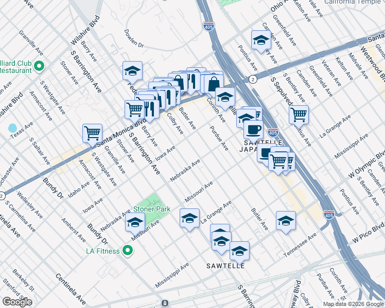 map of restaurants, bars, coffee shops, grocery stores, and more near 1724 Colby Avenue in Los Angeles