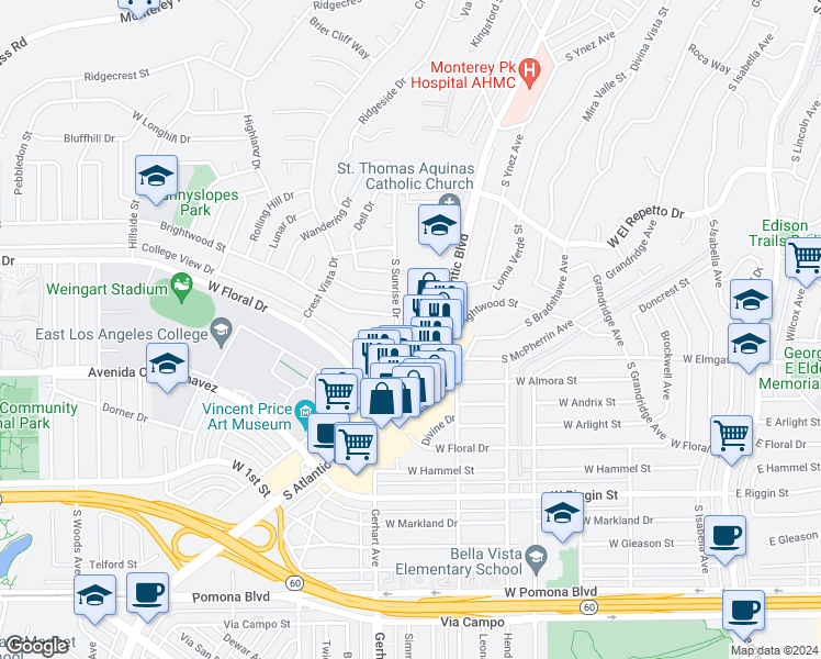 map of restaurants, bars, coffee shops, grocery stores, and more near 890 Brightwood Street in Monterey Park