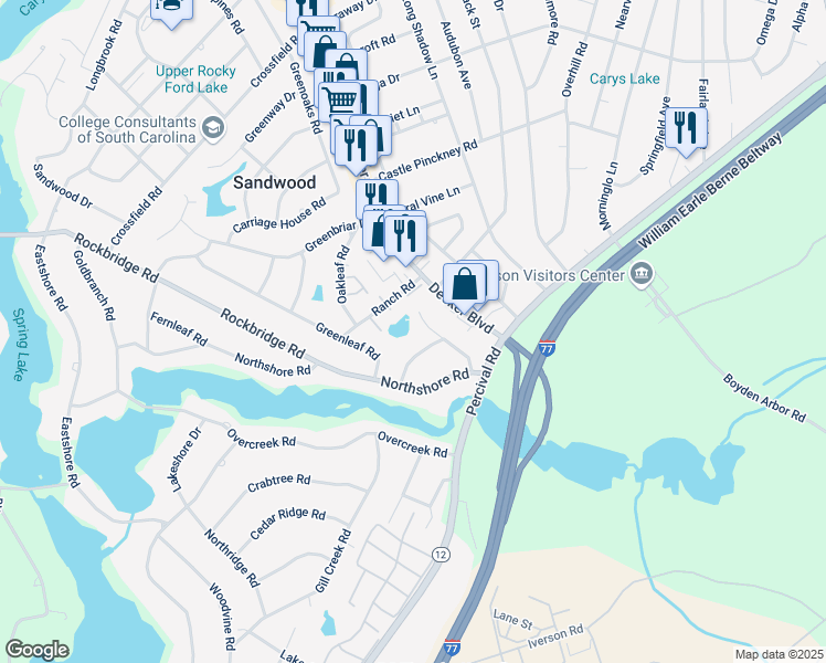 map of restaurants, bars, coffee shops, grocery stores, and more near 3630 Ranch Road in Columbia