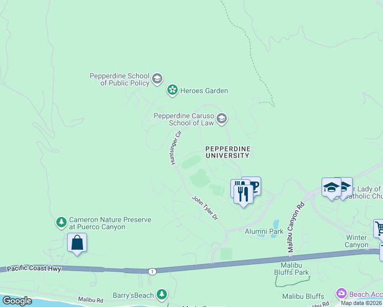 map of restaurants, bars, coffee shops, grocery stores, and more near Greek Dorm Rd in Malibu