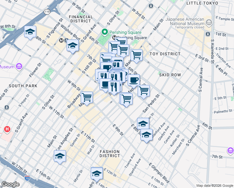map of restaurants, bars, coffee shops, grocery stores, and more near 746 South Los Angeles Street in Los Angeles