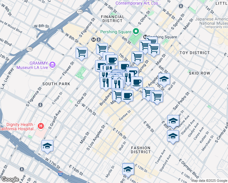 map of restaurants, bars, coffee shops, grocery stores, and more near 850 South Broadway in Los Angeles