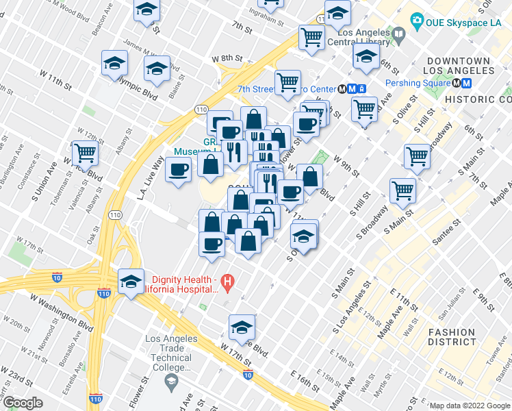 map of restaurants, bars, coffee shops, grocery stores, and more near 1130 Flower Street in Los Angeles