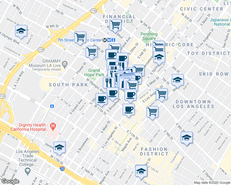 map of restaurants, bars, coffee shops, grocery stores, and more near 932 South Hill Street in Los Angeles