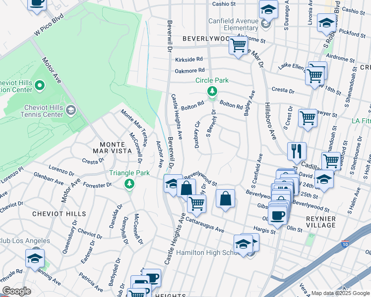 map of restaurants, bars, coffee shops, grocery stores, and more near 2345 Castle Heights Avenue in Los Angeles