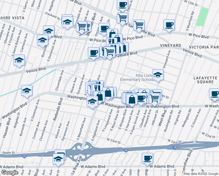 map of restaurants, bars, coffee shops, grocery stores, and more near 1801 South Highland Avenue in Los Angeles