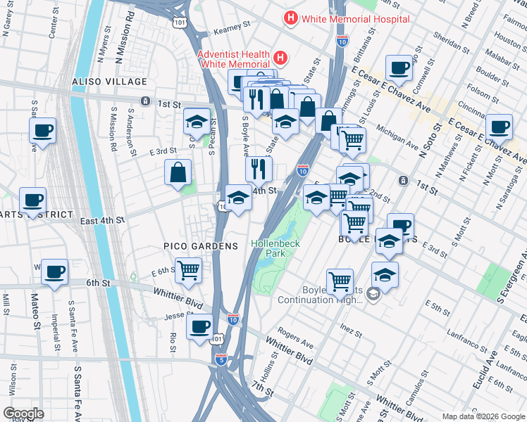map of restaurants, bars, coffee shops, grocery stores, and more near 435 South State Street in Los Angeles