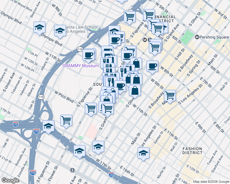 map of restaurants, bars, coffee shops, grocery stores, and more near 1100 South Hope Street in Los Angeles