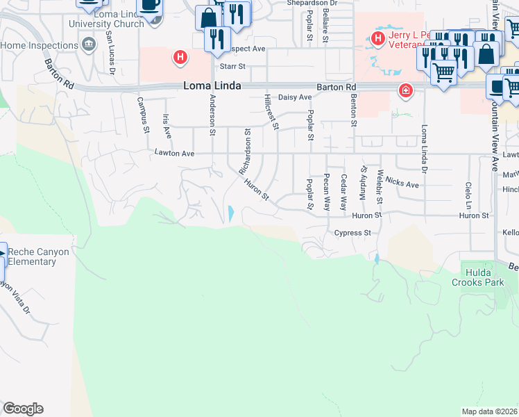 map of restaurants, bars, coffee shops, grocery stores, and more near 25044 Crestview Drive in Loma Linda