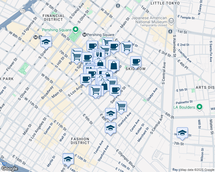 map of restaurants, bars, coffee shops, grocery stores, and more near 401 East 7th Street in Los Angeles
