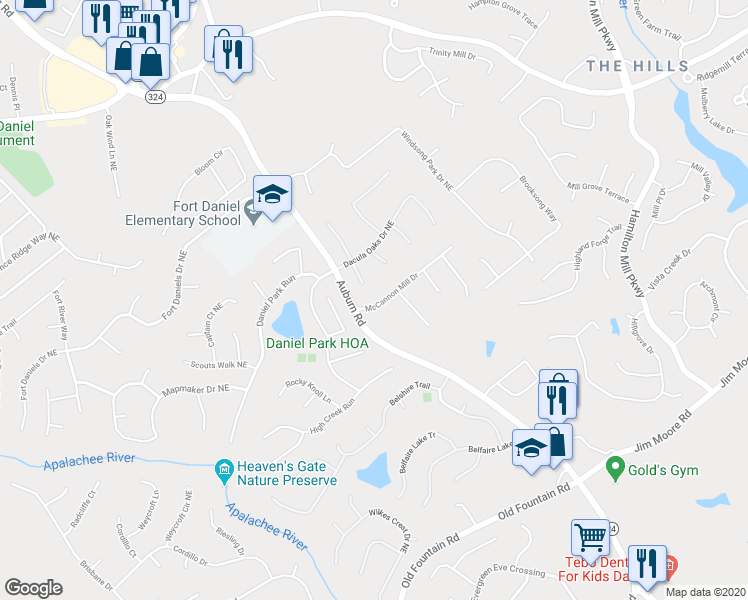 map of restaurants, bars, coffee shops, grocery stores, and more near 2920 McCannon Mill Drive in Dacula