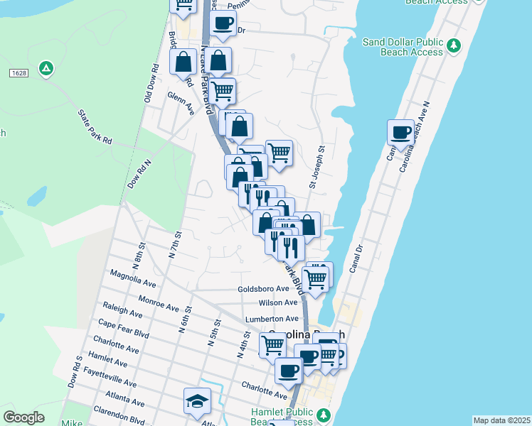 map of restaurants, bars, coffee shops, grocery stores, and more near 1010 N Lake Park Blvd in Carolina Beach