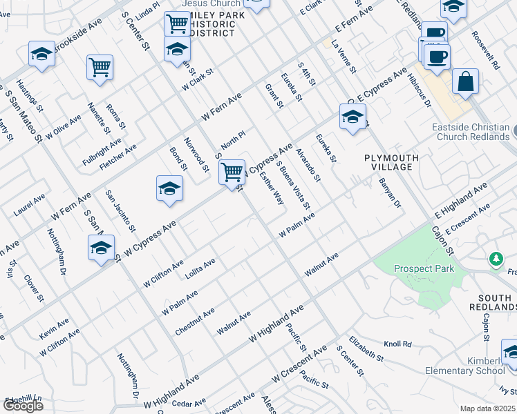 map of restaurants, bars, coffee shops, grocery stores, and more near 668 West Clifton Avenue in Redlands