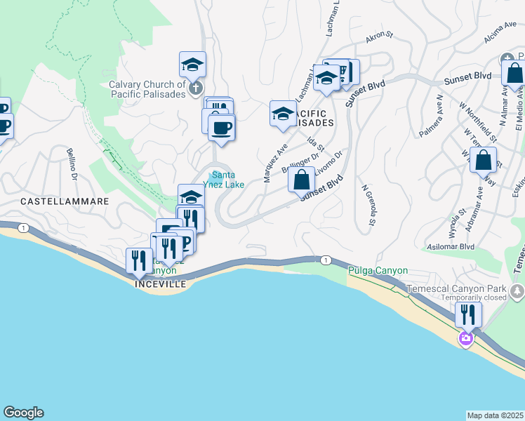 map of restaurants, bars, coffee shops, grocery stores, and more near 16988 Marquez Avenue in Los Angeles