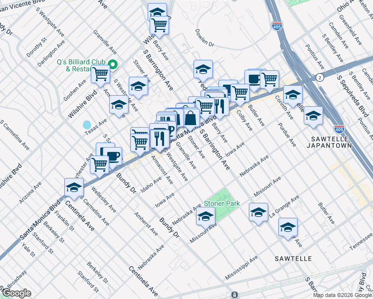 map of restaurants, bars, coffee shops, grocery stores, and more near 1527 Stoner Avenue in Los Angeles