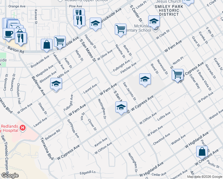 map of restaurants, bars, coffee shops, grocery stores, and more near 1202 West Fern Avenue in Redlands