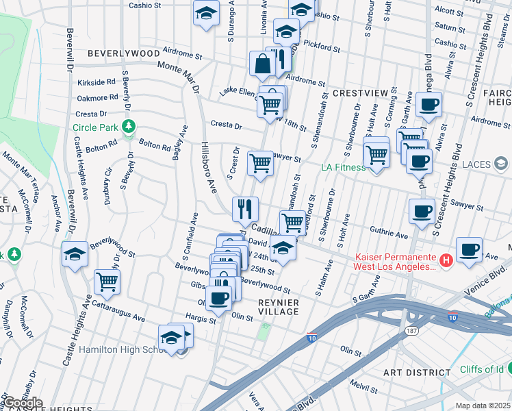 map of restaurants, bars, coffee shops, grocery stores, and more near 1952 South Robertson Boulevard in Los Angeles