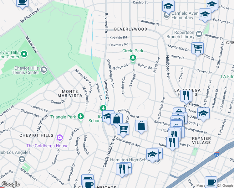 map of restaurants, bars, coffee shops, grocery stores, and more near 2408 Castle Heights Avenue in Los Angeles