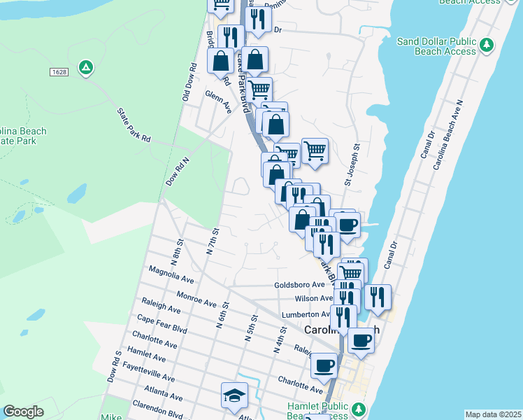 map of restaurants, bars, coffee shops, grocery stores, and more near 112 Island Mimosa Drive in Carolina Beach