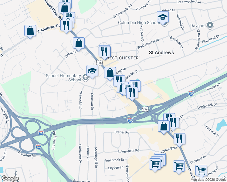 map of restaurants, bars, coffee shops, grocery stores, and more near 2605 Seminole Road in Columbia
