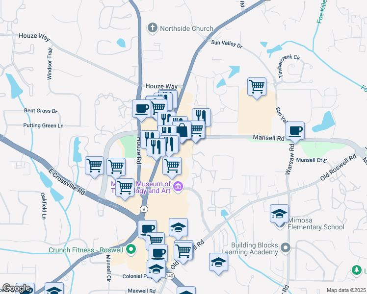 map of restaurants, bars, coffee shops, grocery stores, and more near 713-777 Mansell Road in Roswell