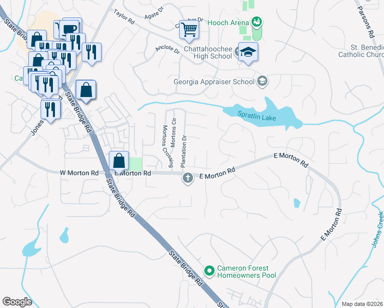 map of restaurants, bars, coffee shops, grocery stores, and more near 130 Plantation Court in Alpharetta