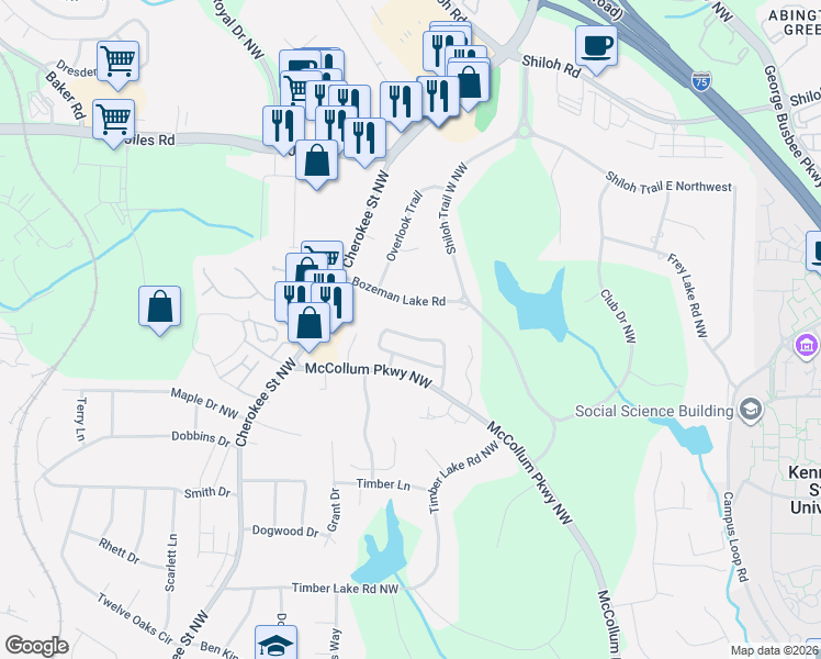 map of restaurants, bars, coffee shops, grocery stores, and more near 3715 Bozeman Lake Road in Kennesaw